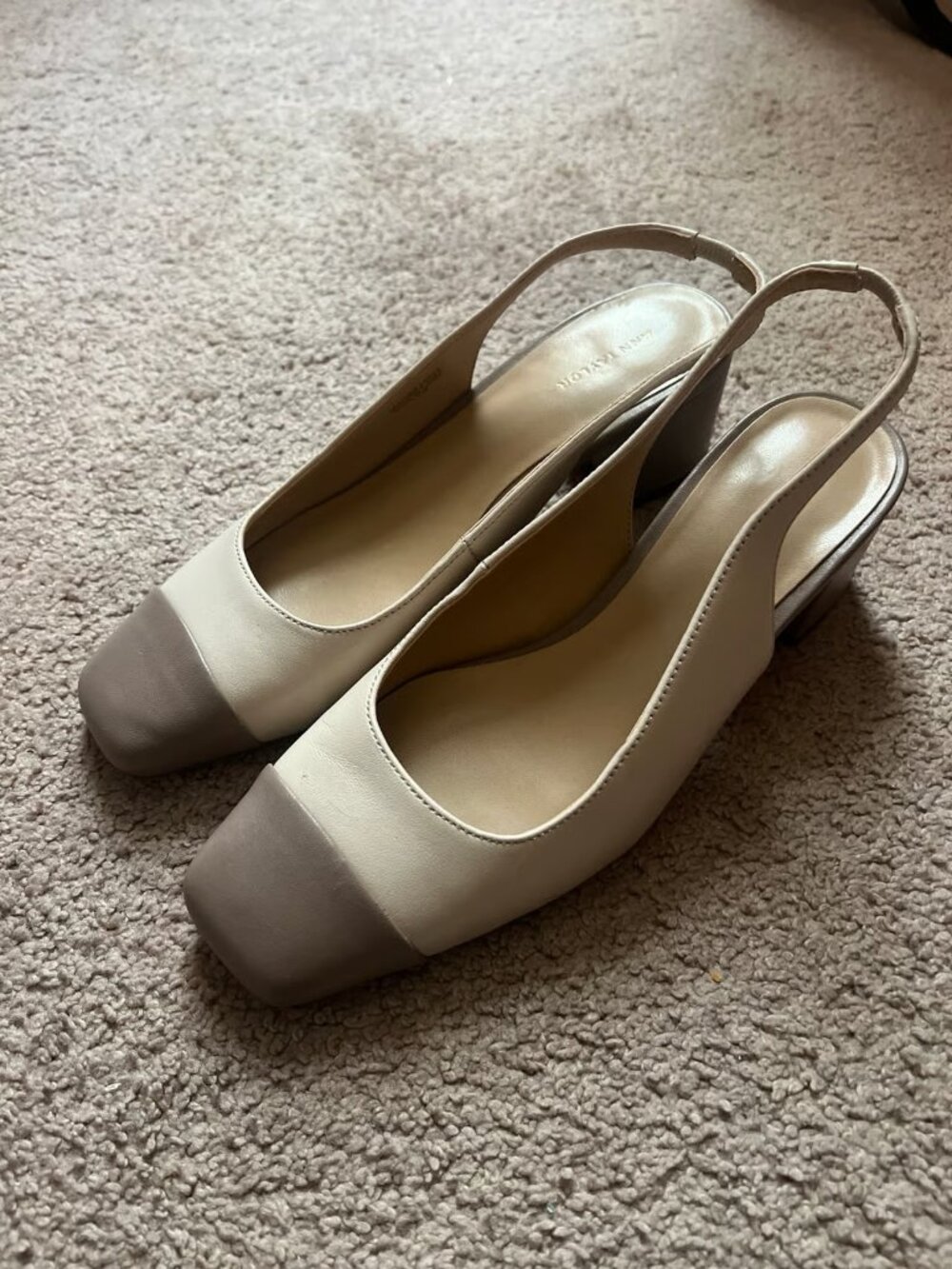Ann Taylor Beige/Brown Leather Cap Toe Slingback Block Heel Pumps Womens 7.5